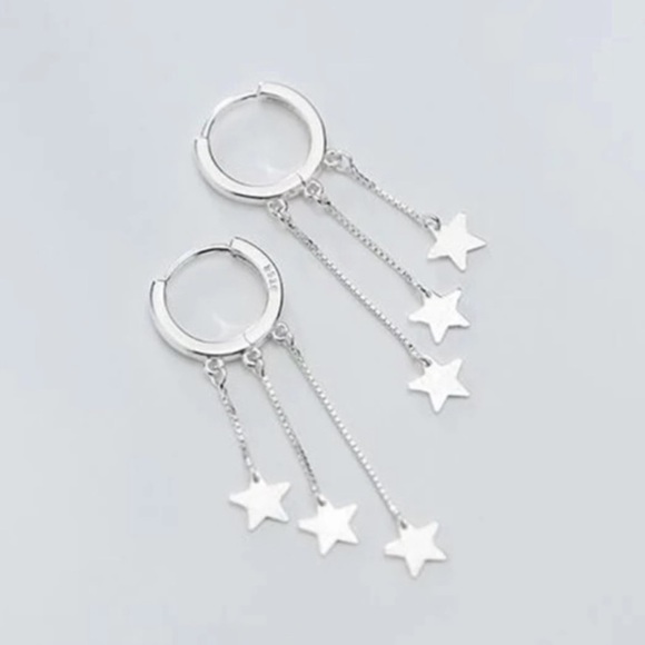 925 STERLING SILVER STAR TASSEL HOOP EARRINGS, NICE EARRINGS, CUTE EARRINGS - Picture 1 of 5